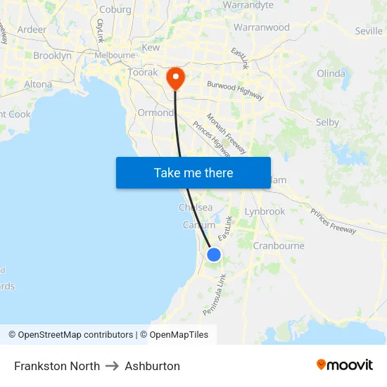 Frankston North to Ashburton map