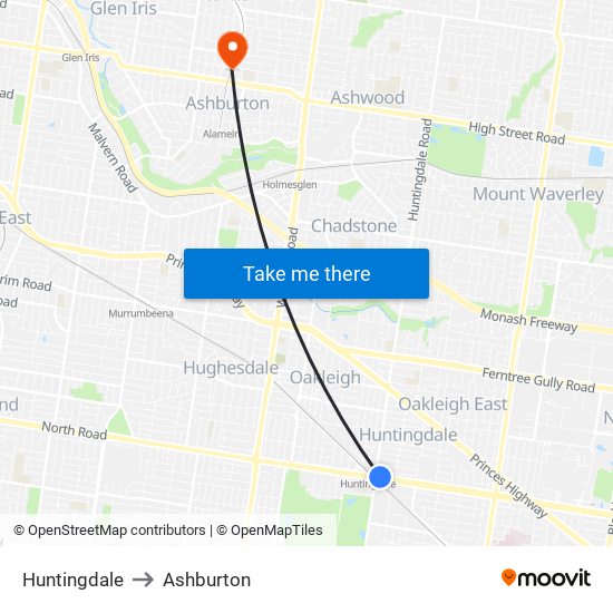 Huntingdale to Ashburton map