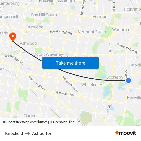 Knoxfield to Ashburton map