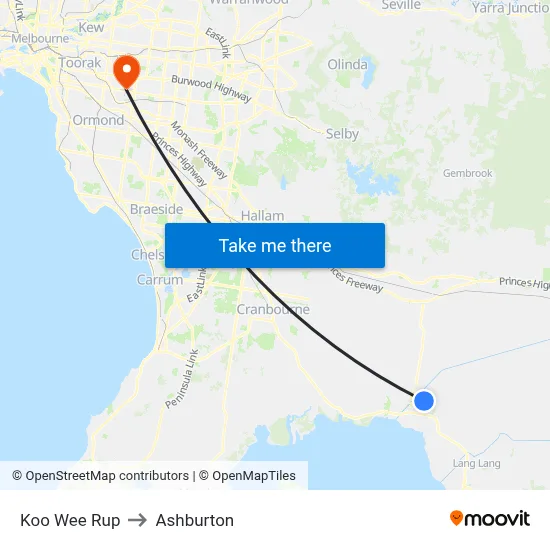 Koo Wee Rup to Ashburton map