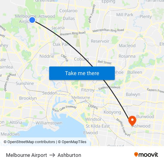 Melbourne Airport to Ashburton map