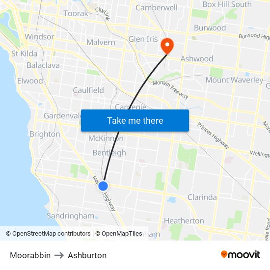 Moorabbin to Ashburton map