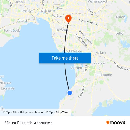 Mount Eliza to Ashburton map