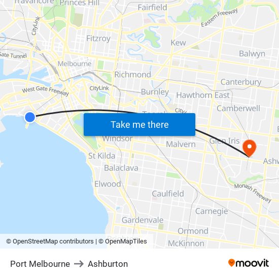 Port Melbourne to Ashburton map