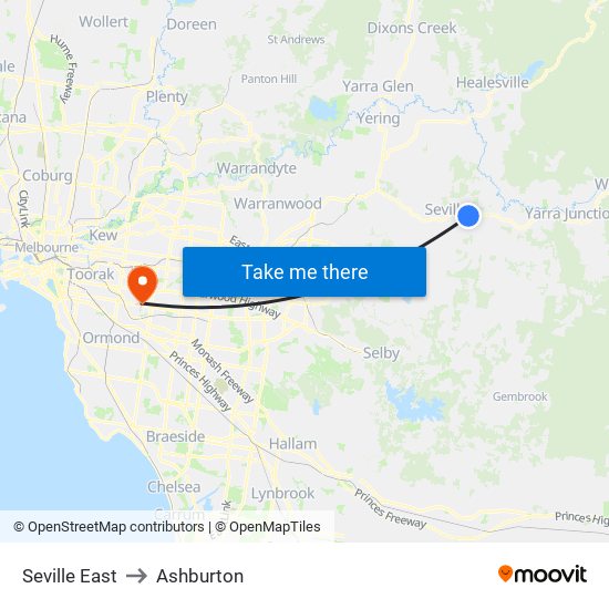 Seville East to Ashburton map