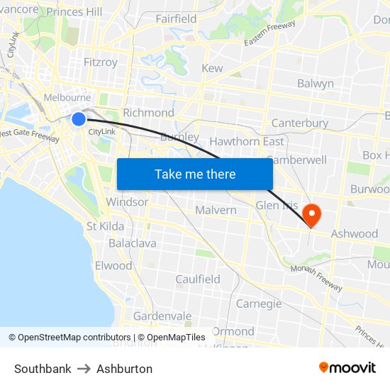 Southbank to Ashburton map