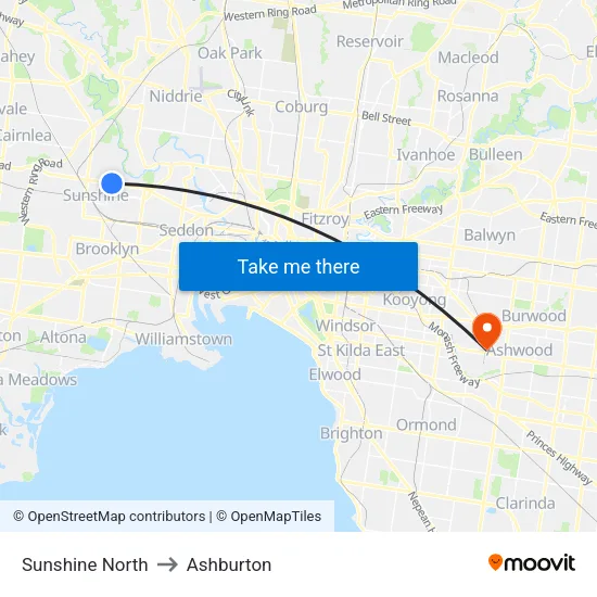 Sunshine North to Ashburton map
