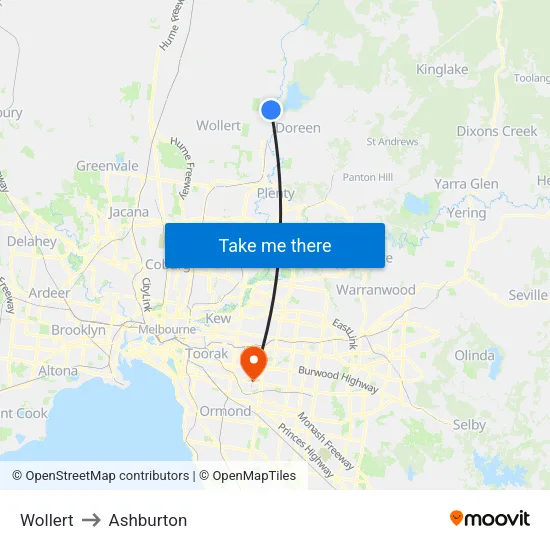 Wollert to Ashburton map