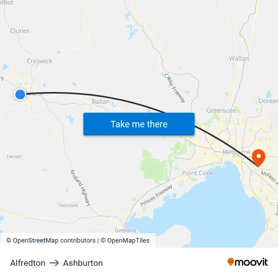 Alfredton to Ashburton map