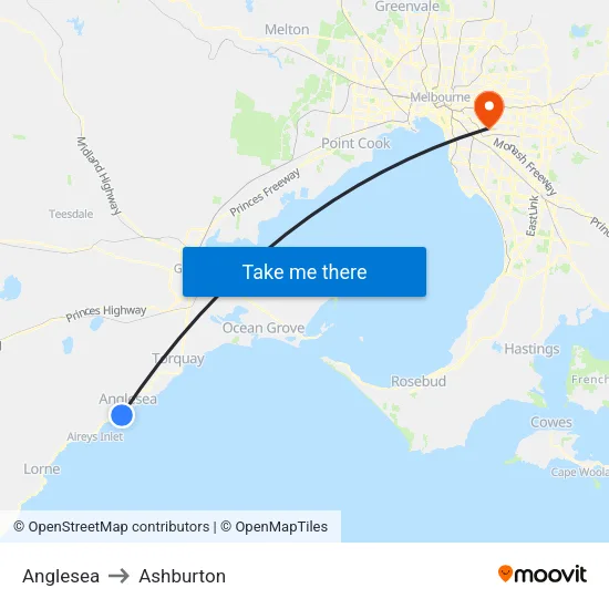 Anglesea to Ashburton map