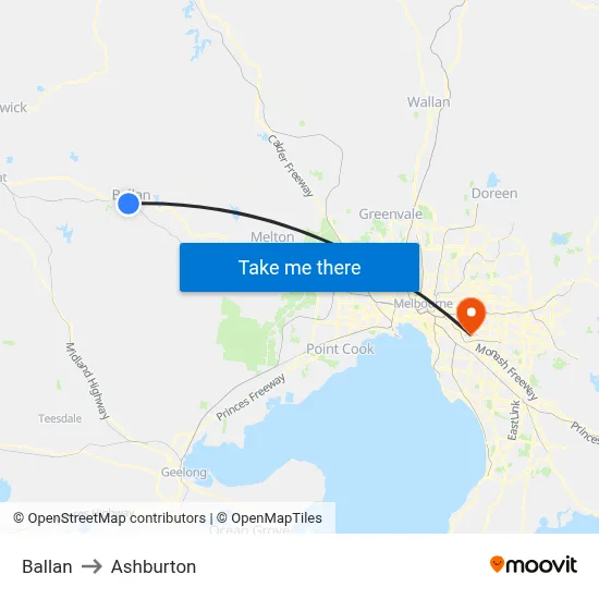 Ballan to Ashburton map