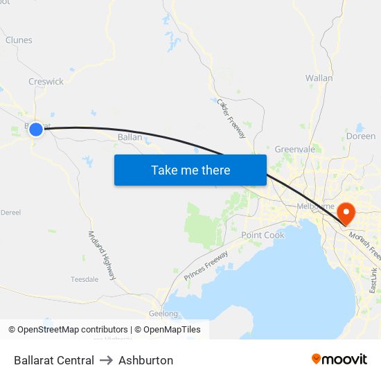Ballarat Central to Ashburton map