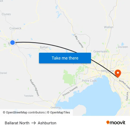 Ballarat North to Ashburton map