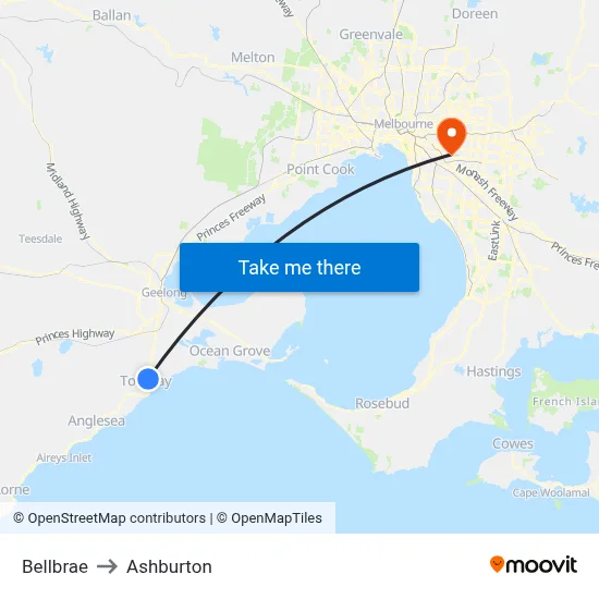 Bellbrae to Ashburton map