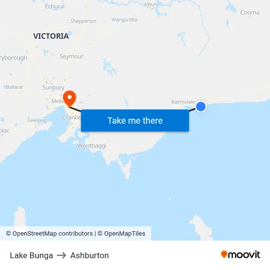 Lake Bunga to Ashburton map