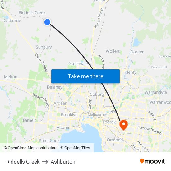 Riddells Creek to Ashburton map