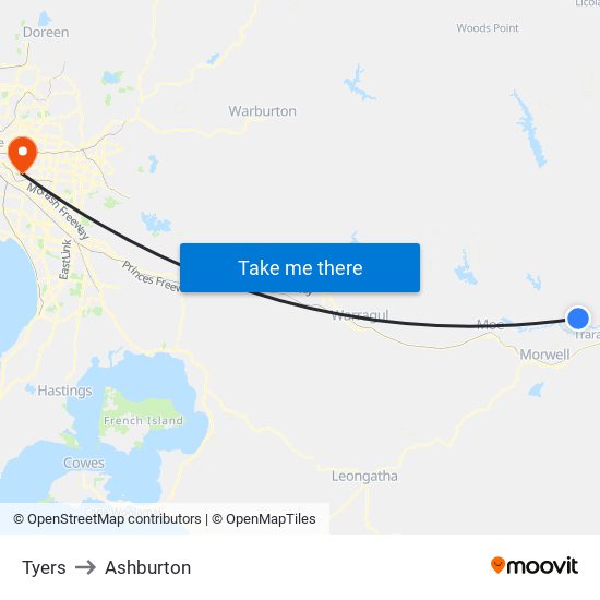 Tyers to Ashburton map