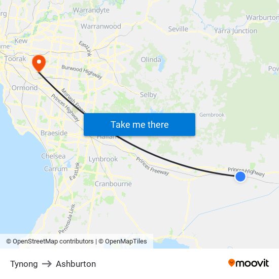 Tynong to Ashburton map