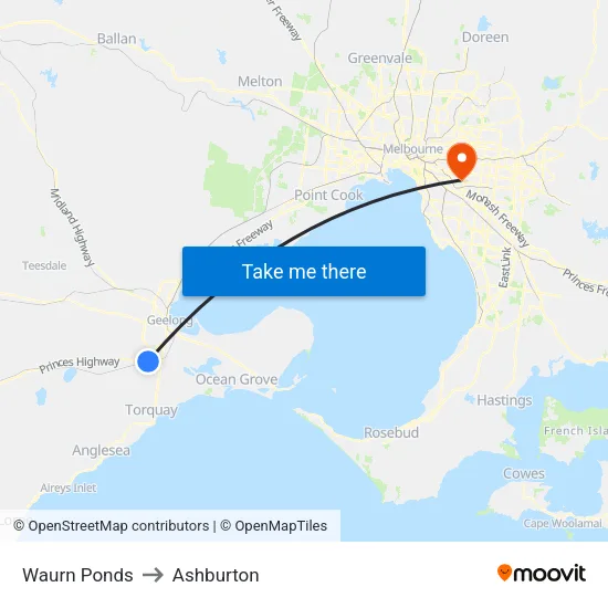 Waurn Ponds to Ashburton map