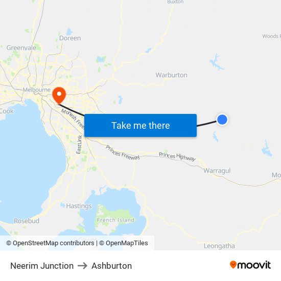 Neerim Junction to Ashburton map