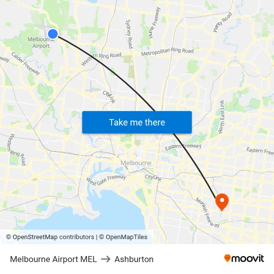 Melbourne Airport MEL to Ashburton map