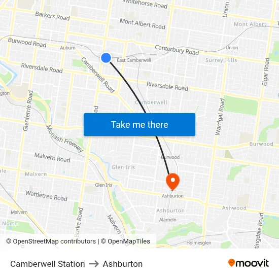 Camberwell Station to Ashburton map