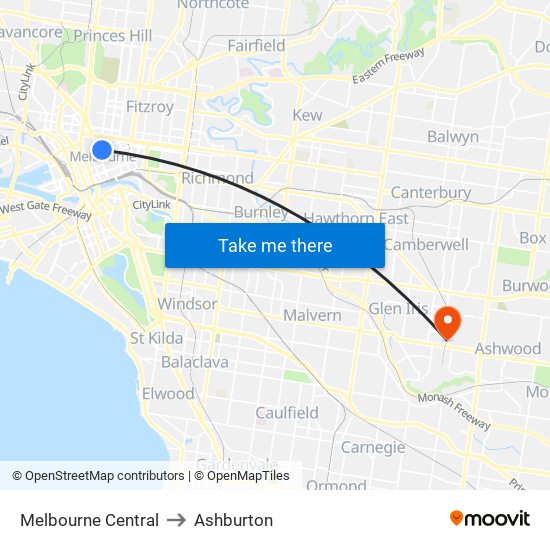 Melbourne Central to Ashburton map