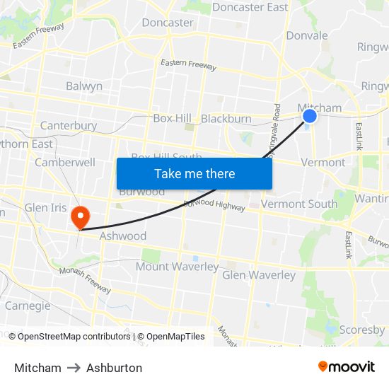 Mitcham to Ashburton map