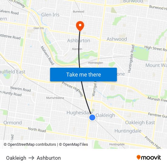 Oakleigh to Ashburton map