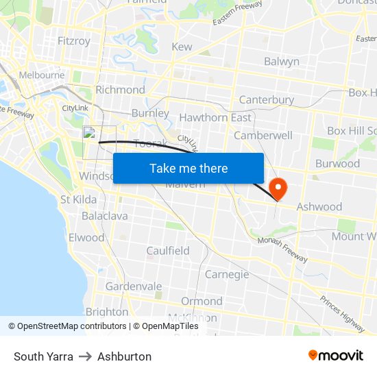 South Yarra to Ashburton map