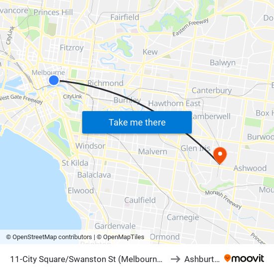 11-City Square/Swanston St (Melbourne City) to Ashburton map