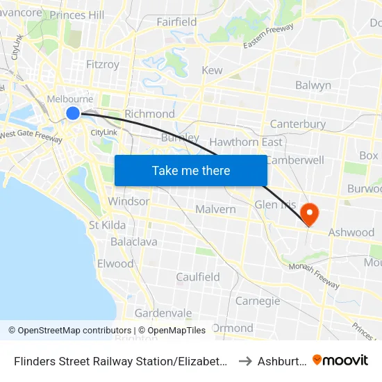 Flinders Street Railway Station/Elizabeth St #1 to Ashburton map
