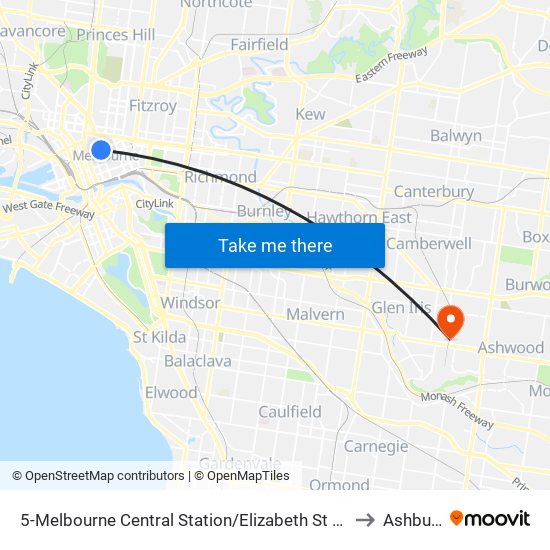 5-Melbourne Central Station/Elizabeth St (Melbourne City) to Ashburton map
