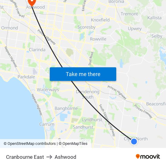 Cranbourne East to Ashwood map