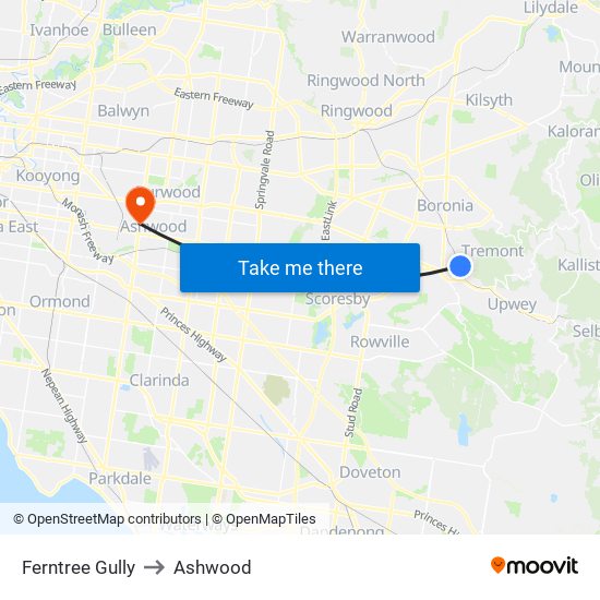 Ferntree Gully to Ashwood map