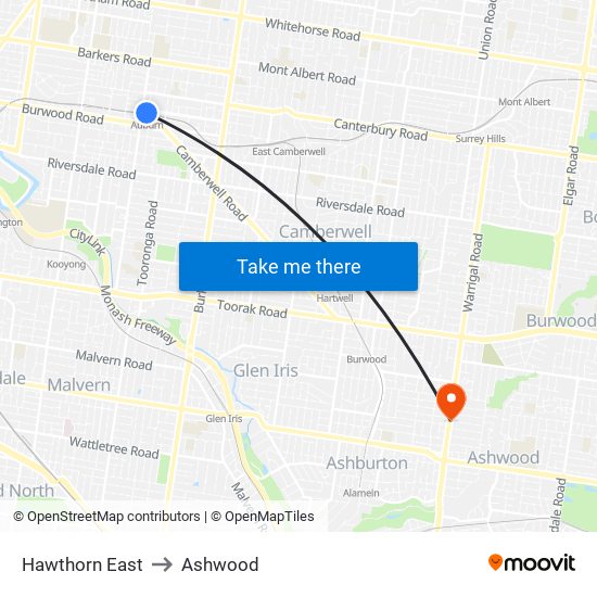 Hawthorn East to Ashwood map