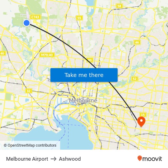 Melbourne Airport to Ashwood map