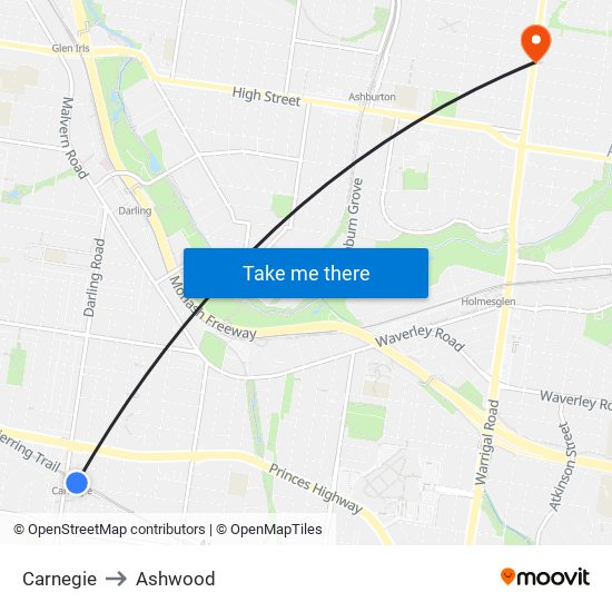 Carnegie to Ashwood map