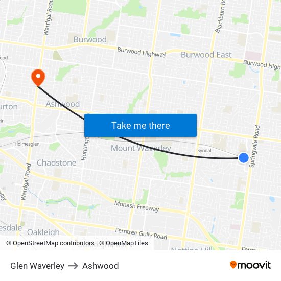 Glen Waverley to Ashwood map