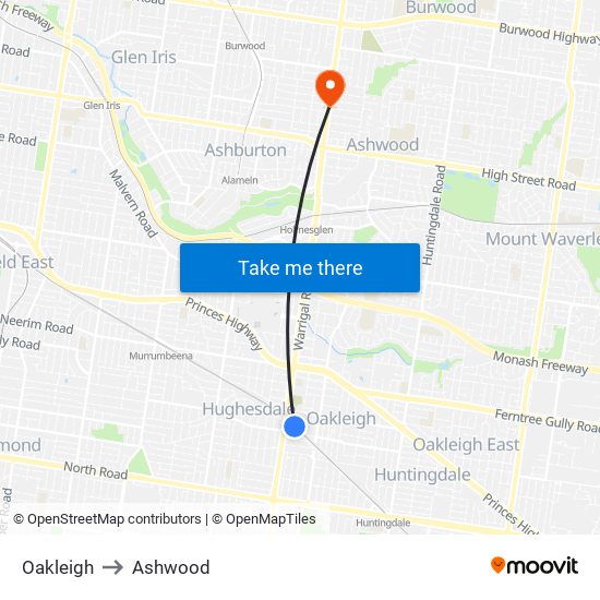 Oakleigh to Ashwood map