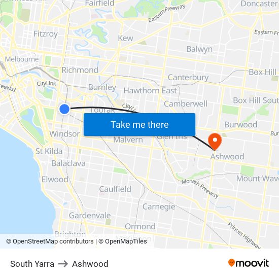 South Yarra to Ashwood map