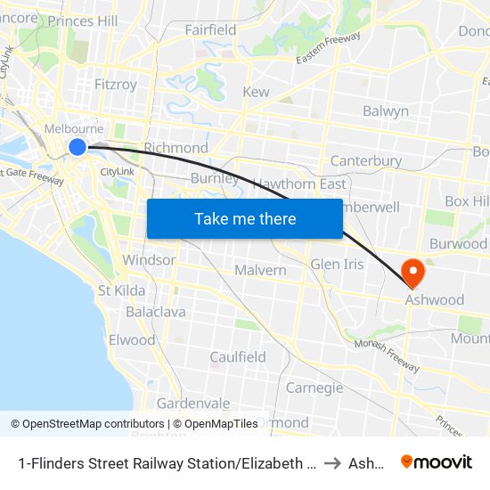 1-Flinders Street Railway Station/Elizabeth St (Melbourne City) to Ashwood map