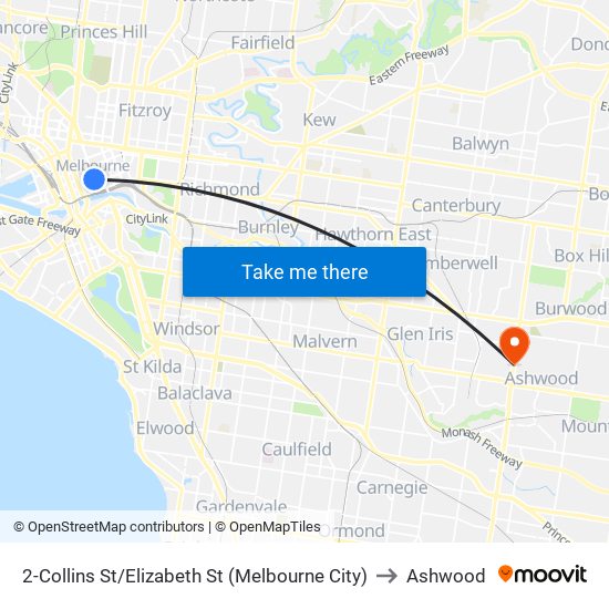 2-Collins St/Elizabeth St (Melbourne City) to Ashwood map