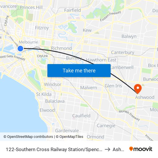 122-Southern Cross Railway Station/Spencer St (Melbourne City) to Ashwood map