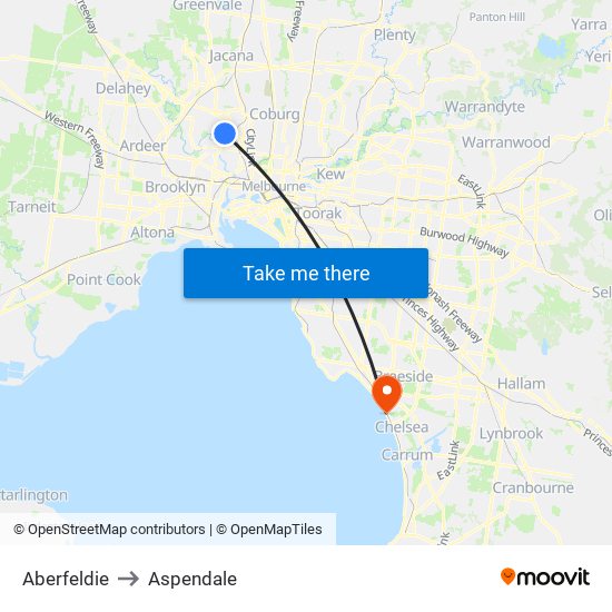 Aberfeldie to Aspendale map