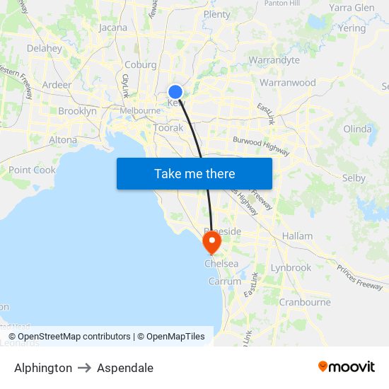 Alphington to Aspendale map