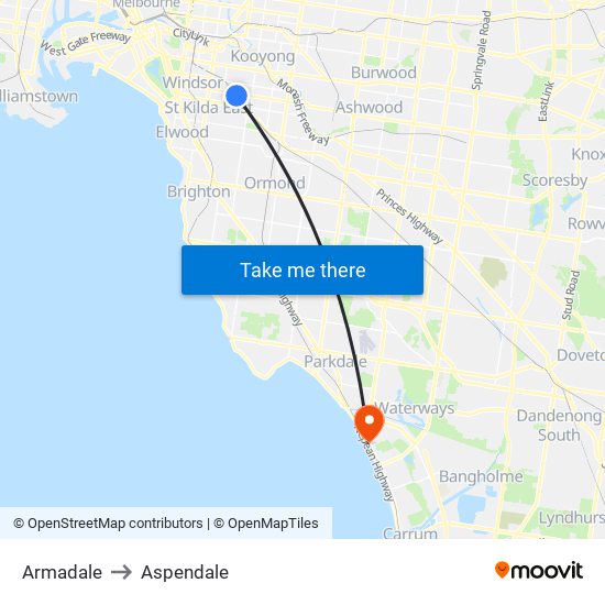 Armadale to Aspendale map