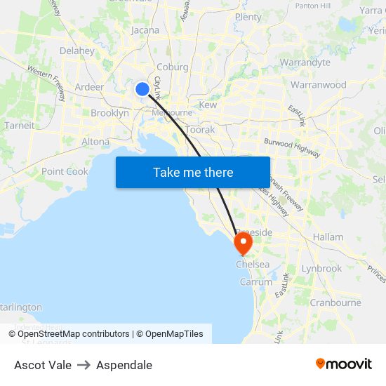 Ascot Vale to Aspendale map