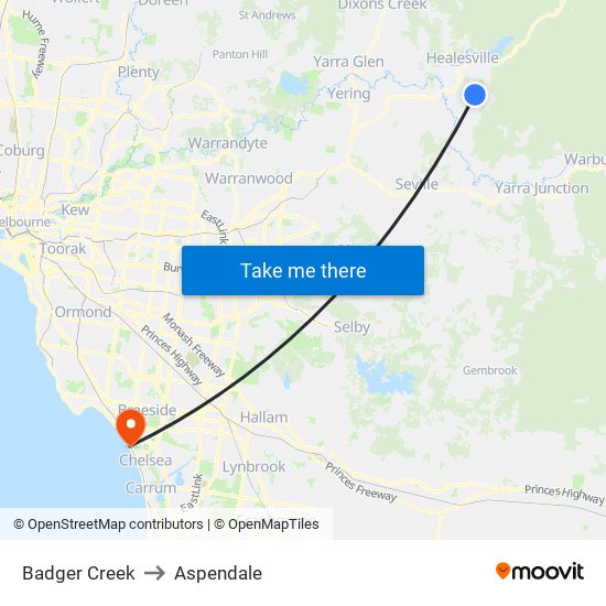 Badger Creek to Aspendale map