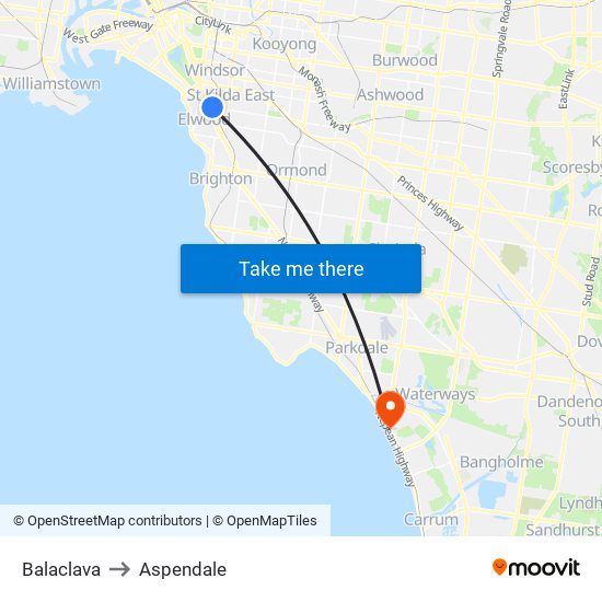 Balaclava to Aspendale map